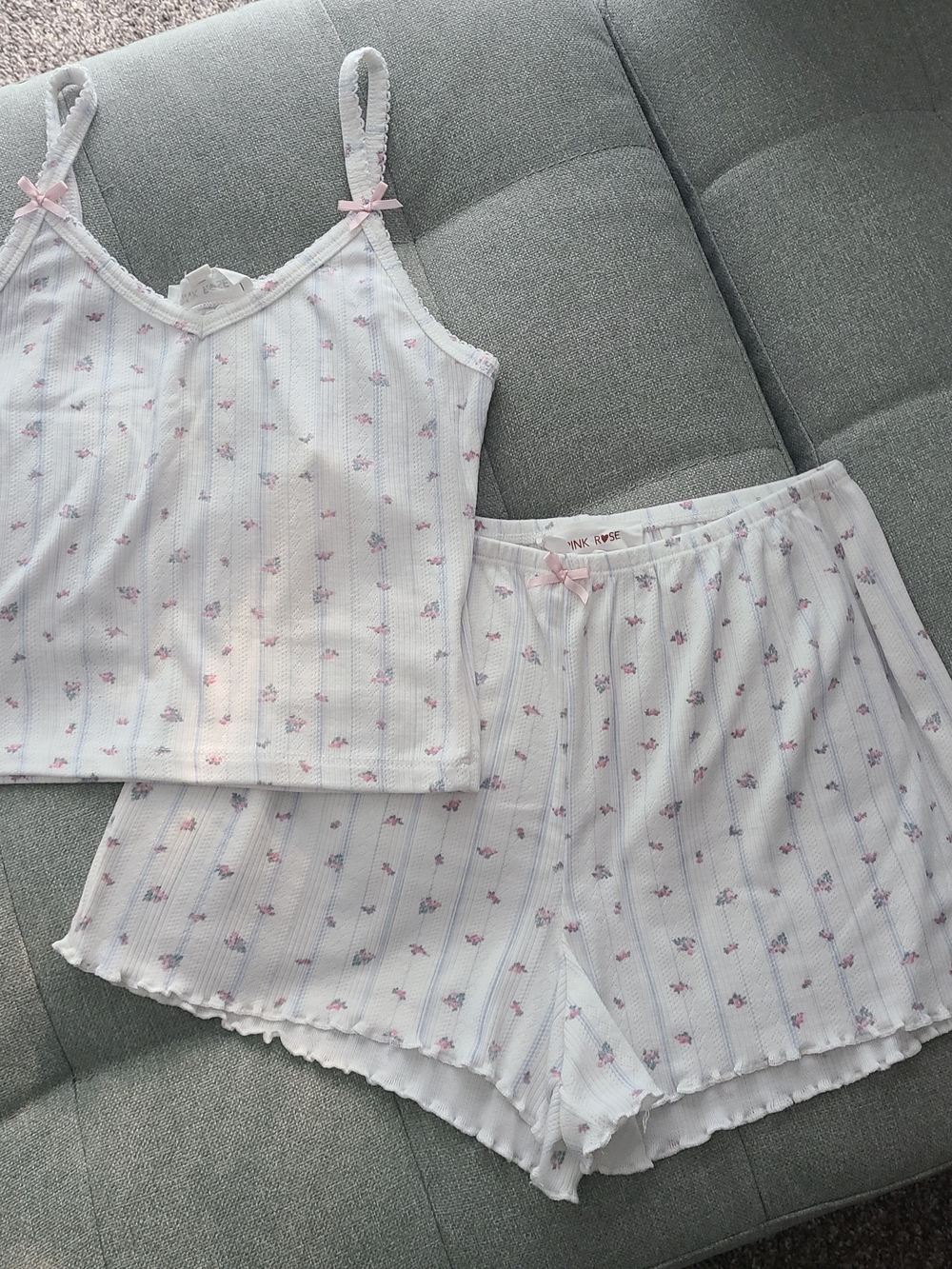 Pink Rose Blue/White Striped Floral Cami & Short Pajama Set with Pink Bows
